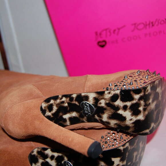 7.5❤️Betsey Johnson Suede Oiled Leather Over the Knee High Heels Platform BOOTS - Picture 10 of 12